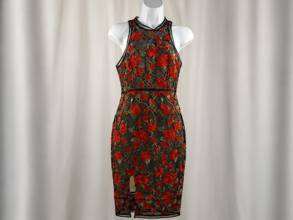 Black Red Rose Embroidered Mesh Sheath Cocktail| Size Small